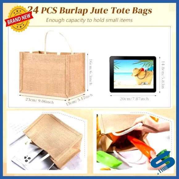 Reusable Burlap Tote Bags Waterproof Jute Canvas DIY Wedding Beach Gift - Picture 2 of 7